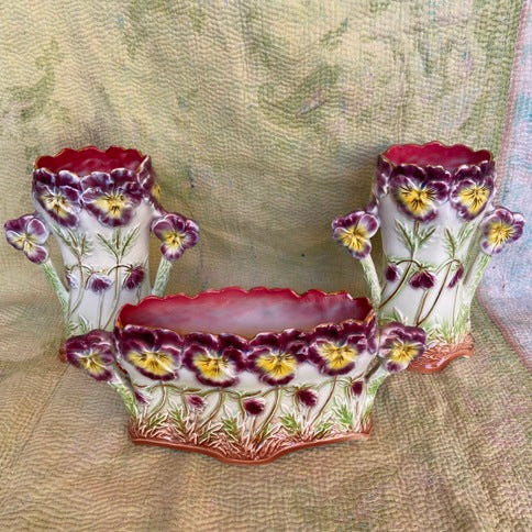 French Pansy Vase and Jardiniere trio