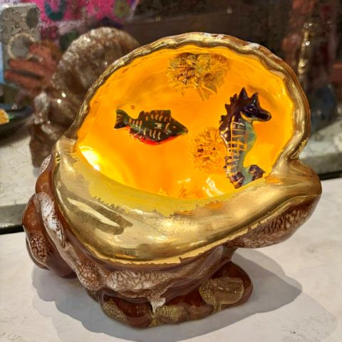 Vintage French Shell with Fish Lamp